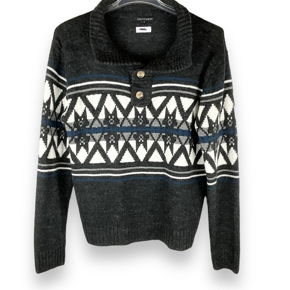 Britches Sweater Men’s Wool Blend Nordic Southwest Geometric Grey‎ Blue Size L